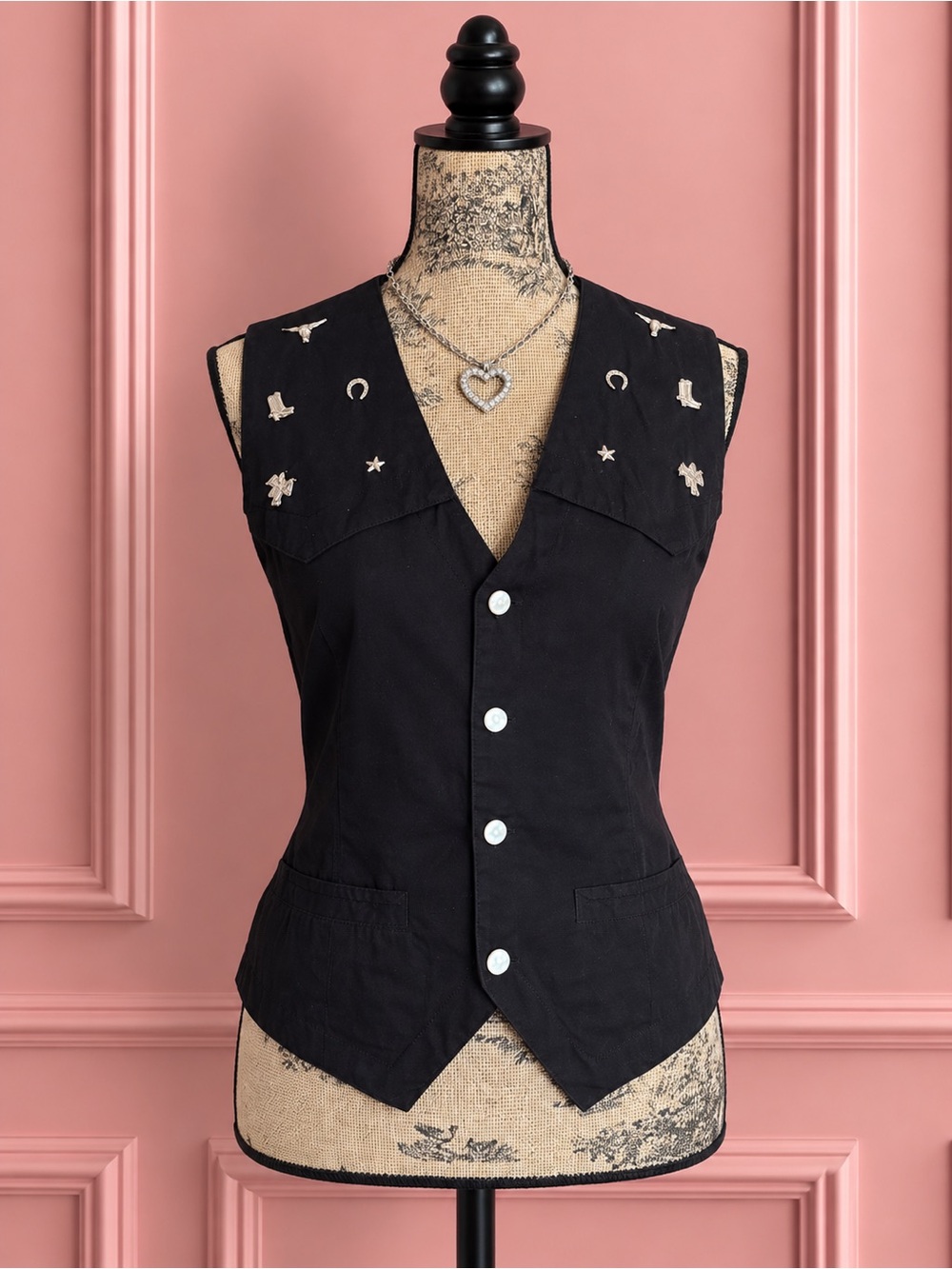 Vintage 90s Black Western Vest with Silver Details Size 8